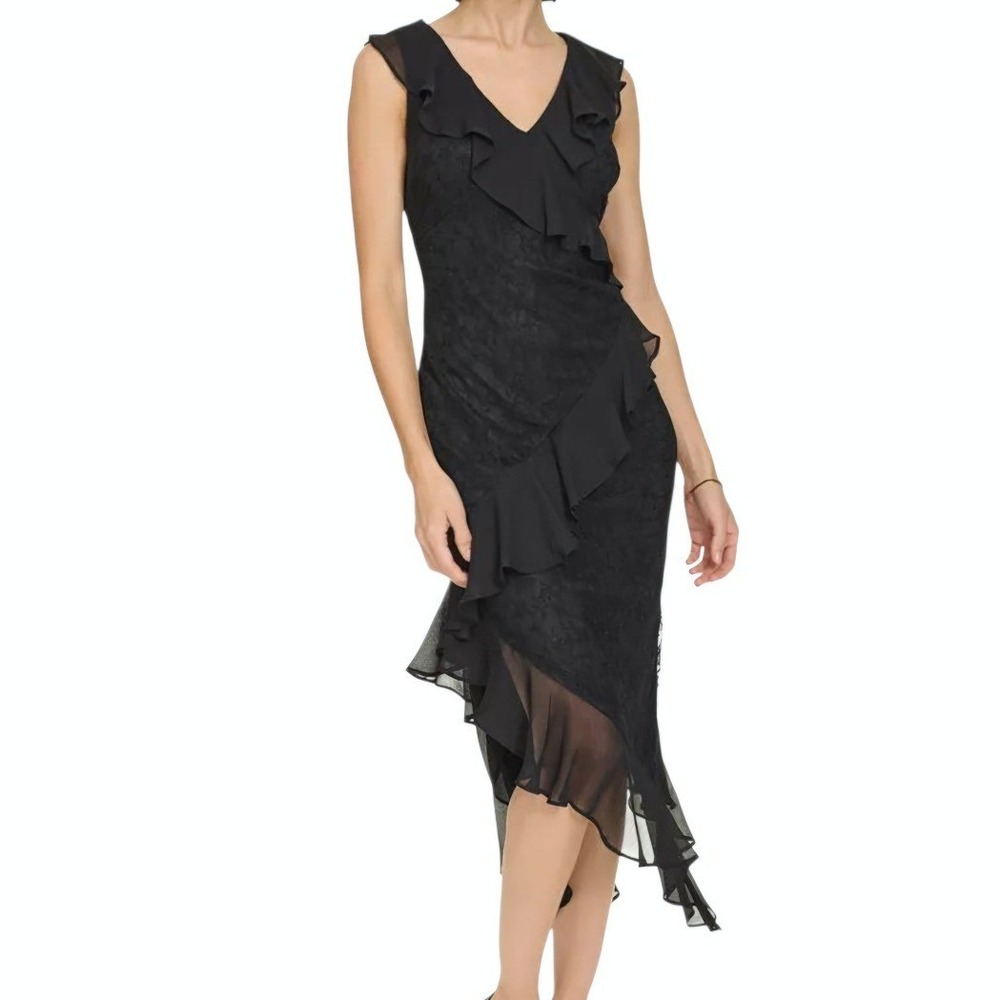 Tommy Hilfiger Women's Black‎ Lace Chiffon Ruffled Asymmetric Midi Dress Size 12